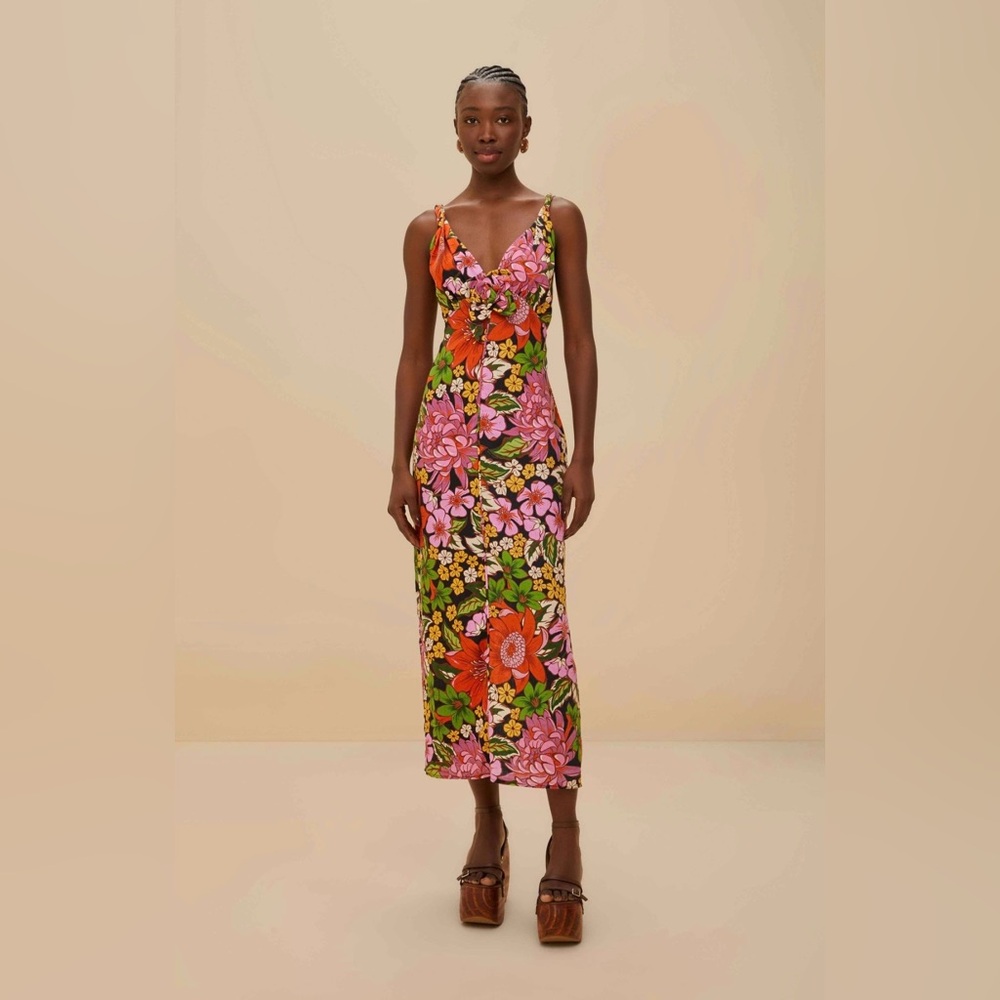 FARM Rio Floral Vivi Rose Midi Dress in Floral Black Size XS. NWT